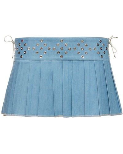 Ludovic de Saint Sernin Pleated Studded Denim Mini Skirt - Blue