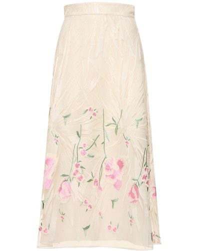 Elie Saab Tulle Embroidered Midi Skirt - Natural