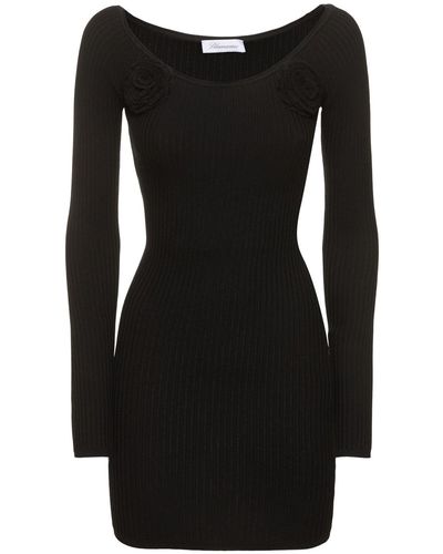 Blumarine Off-shoulder Viscose Mini Dress W/rose - Black