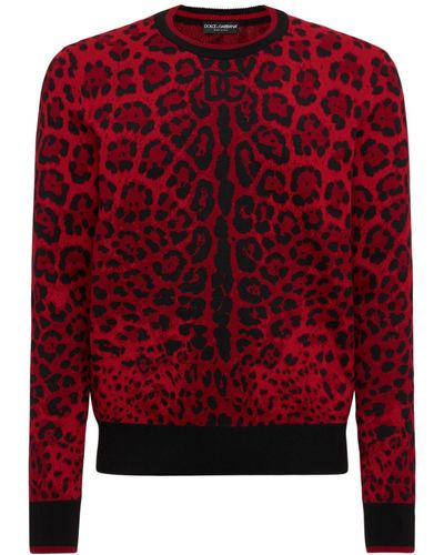 Dolce & Gabbana Leopard Print Wool Blend Knit Sweater - Red
