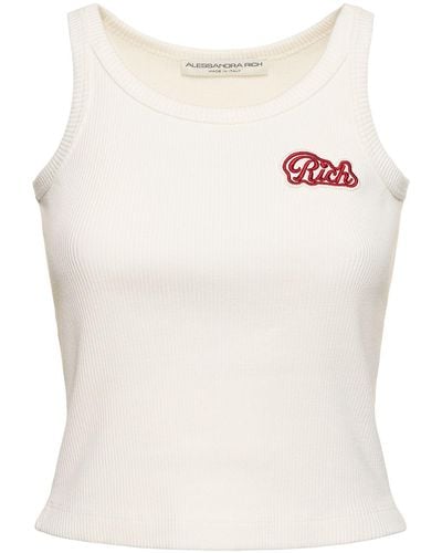 Alessandra Rich Ribbed Jersey Sleeveless Top W/ Patch - White