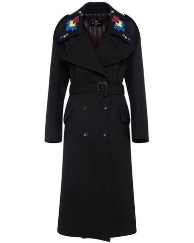 Etro Embroidered Wool Long Coat W/Belt - Black