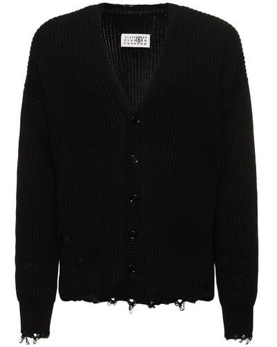 MM6 by Maison Martin Margiela Distressed Cotton Knit Cardigan - Black
