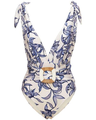 PATBO Stargazer Plunge Belted Printed Swimsuit - Blue