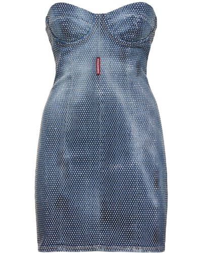DSquared² Embellished Strapless Denim Mini Dress - Blue