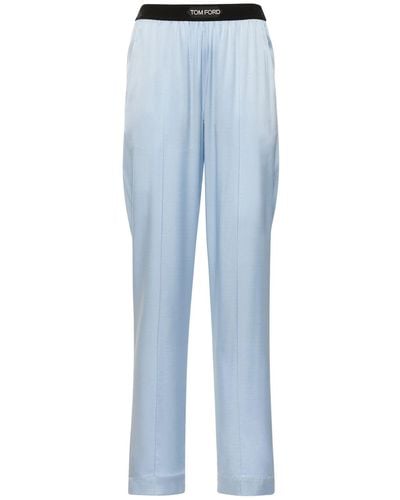 Tom Ford Pantalon de pyjama en satin de soie à logo - Bleu