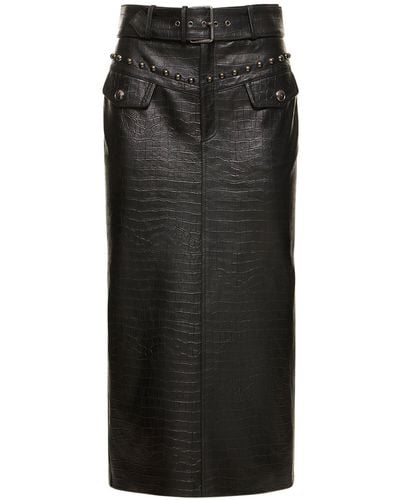 Alessandra Rich Croco Print Leather Midi Skirt W/ Studs - Black