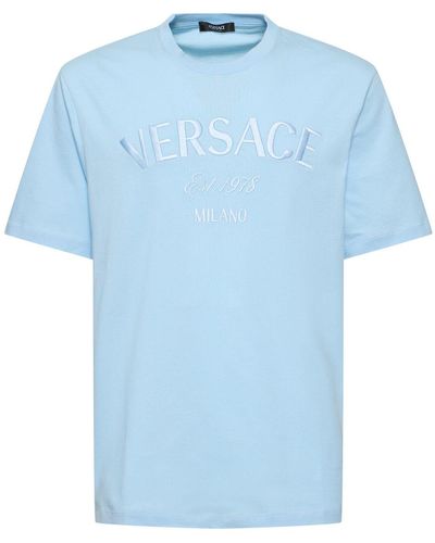 Versace T-shirt Aus Baumwolljersey Mit Logo - Blau