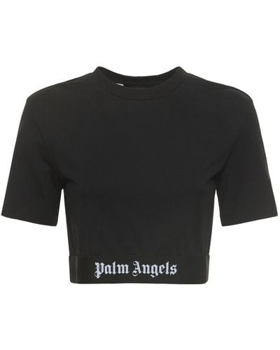 Palm Angels T-shirt corta con banda logo in cotone stretch donna - Nero