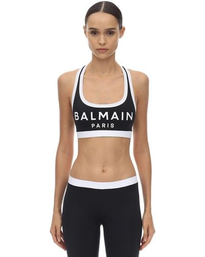 Balmain Logo Stretch Jersey Sports Bra Top - Black