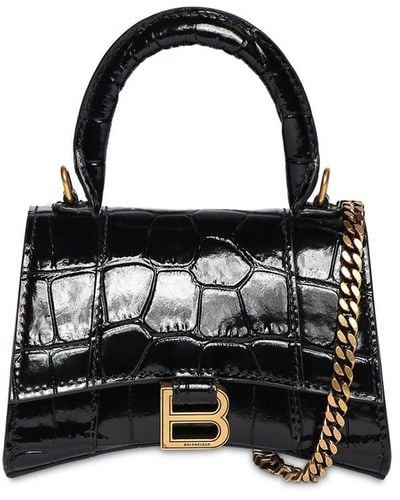 Balenciaga Mini Hourglass Croc Embossed Leather Bag - Black