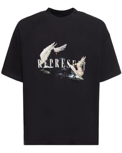 Represent T-shirt en coton imprimé cygnes - Noir