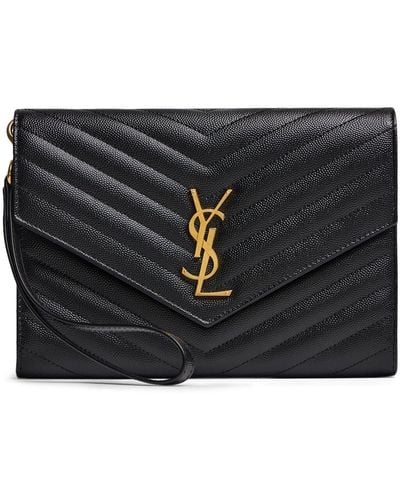 Saint Laurent Ysl-plaque Grained-leather Wristlet Clutch Bag - Black