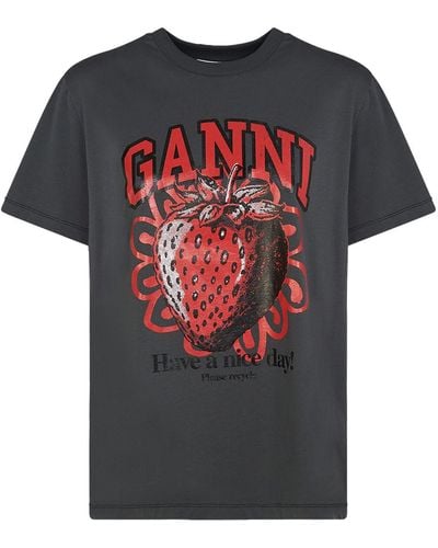 Ganni Camiseta negra de algodón orgánico con estampado de logotipo - Negro