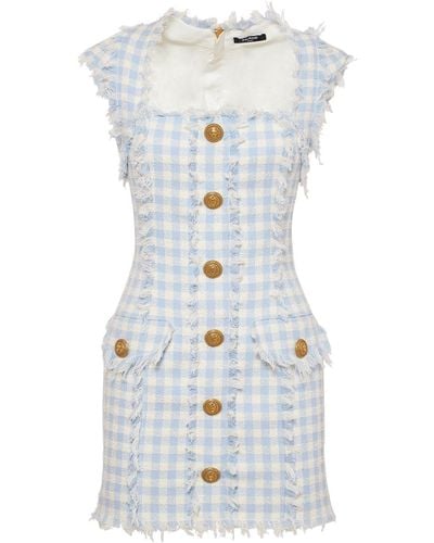 Balmain Mini Dress In Tweed con patrón de gingham - Azul