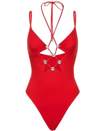 Area Embellished Star Cutout Bodysuit - Red