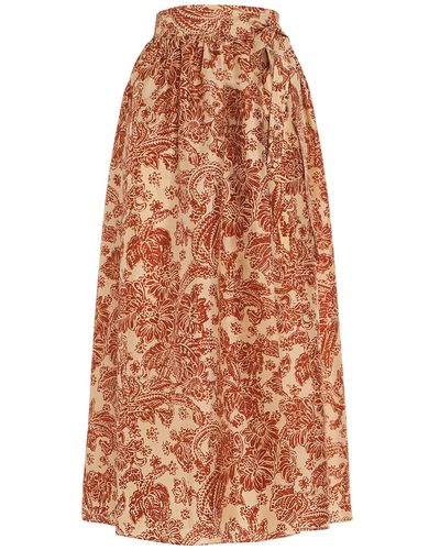 Loro Piana Leah Printed Silk Flared Midi Skirt - Orange