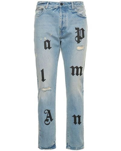Palm Angels Jeans De Denim De Algodón Con Parche - Azul