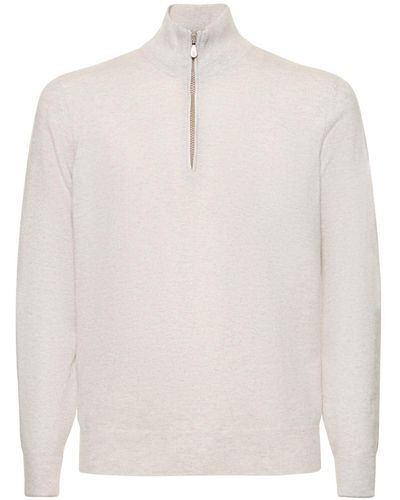 Brunello Cucinelli Half Zip Cashmere Turtleneck Sweater - White