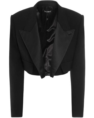 Dolce & Gabbana Wool Blend Cropped Tuxedo Jacket - Black