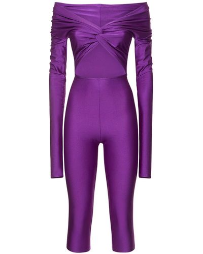 ANDAMANE Kendall Shiny Lycra Long Sleeve Jumpsuit - Purple