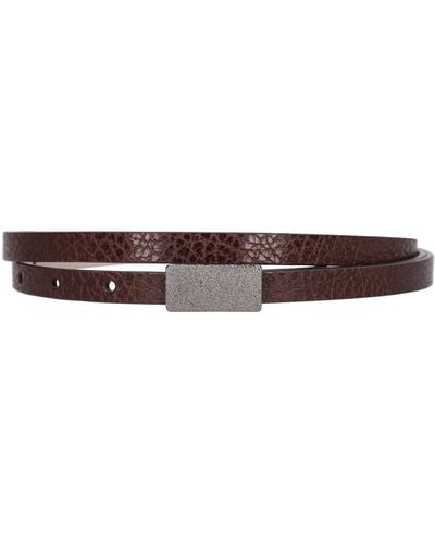 Brunello Cucinelli Ceinture en cuir brillant embelli 1 cm - Marron