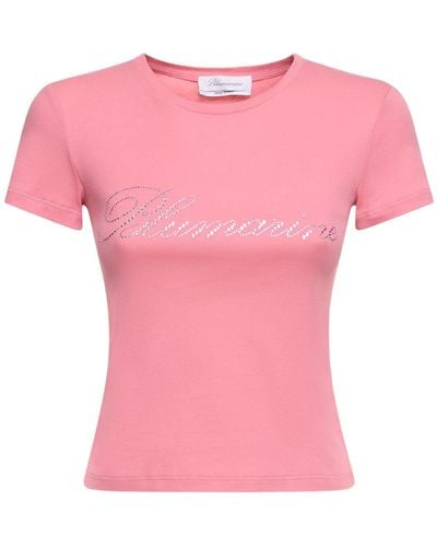 Blumarine Crystal Logo Cotton Jersey T-Shirt - Pink