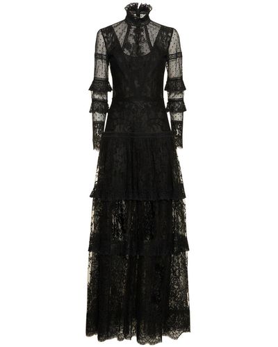 Costarellos Lace Tulle High Neck Long Dress - Black