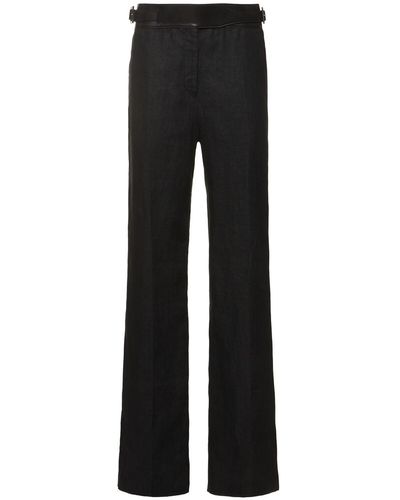 Ferragamo Belted Linen Straight Trousers - Black