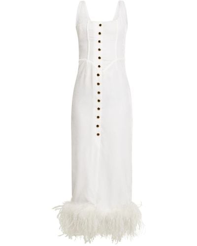 Alessandra Rich Velvet Midi Dress W/ Feathers - White