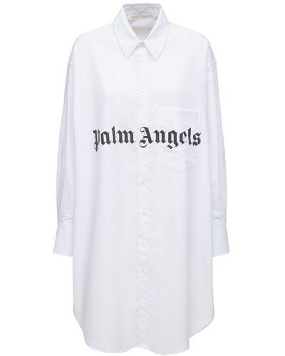Palm Angels Logo Cotton Blend Poplin Shirt Dress - White