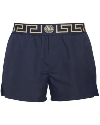 Versace Shorts Mare In Nylon Con Logo - Blu