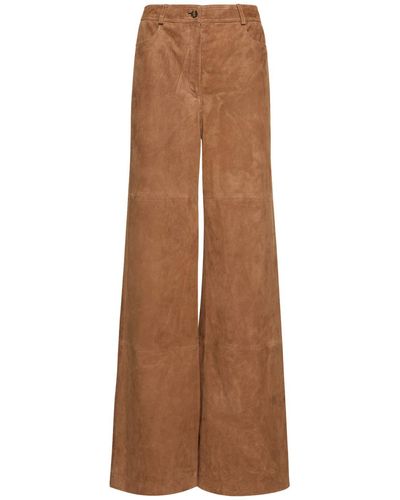 Alberta Ferretti Suede Leather High Rise Wide Trousers - Brown