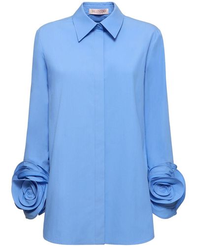 Valentino Cotton Poplin Shirt W/ Rose Cuffs - Blue