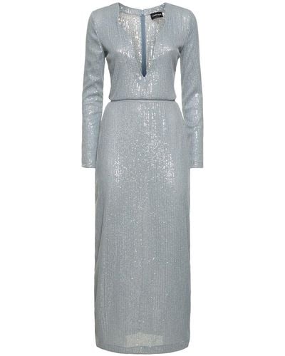 Giorgio Armani Embroidered Jersey Sequined Long Dress - Gray