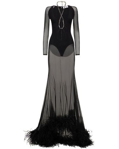 The Attico Karen Sheer Cutout Gown W/ Feathers - Black