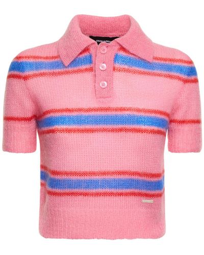 DSquared² Striped Mohair Blend Knit Polo - Pink