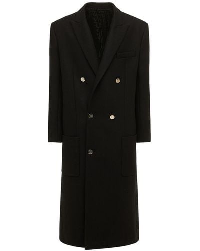 Balmain Double Breast Long Wool Blend Coat - Black
