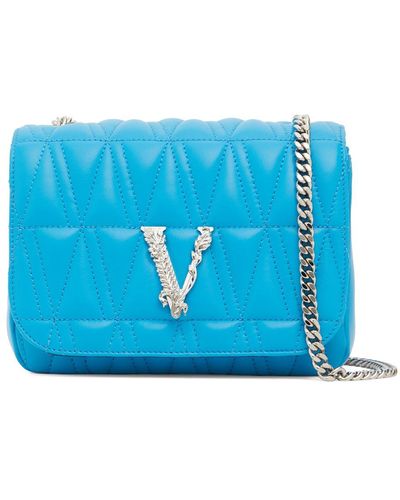 Versace V Logo Leather Shoulder Bag - Blue