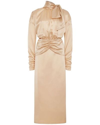 Alessandra Rich Open Back Silk Satin Midi Dress W/ Bow - Natural