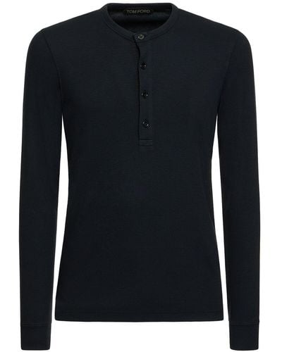Tom Ford Henley Lyocell Blend Rib L/S T-Shirt - Black