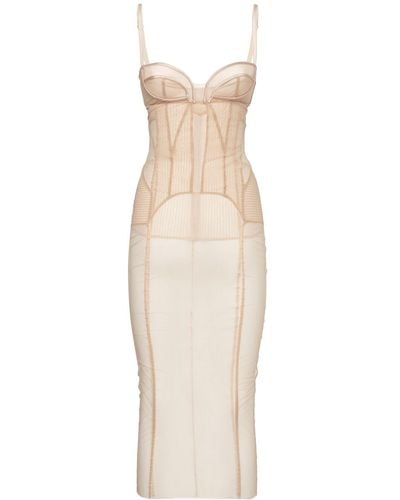Dolce & Gabbana Langes Kleid Aus Stretch-tüll - Weiß