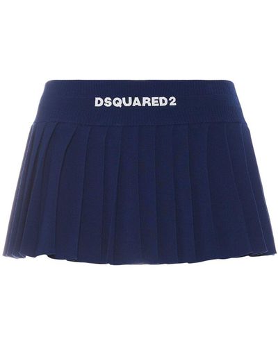 DSquared² Viscose Knit Logo Pleated Mini Skirt - Blue
