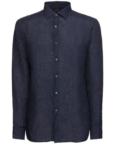 ZEGNA Solid Pure Linen Long Sleeve Shirt - Blue