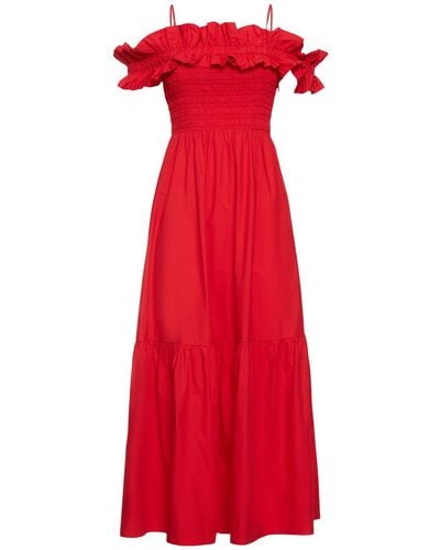 Ganni Smocked Cotton Poplin Long Dress - Red
