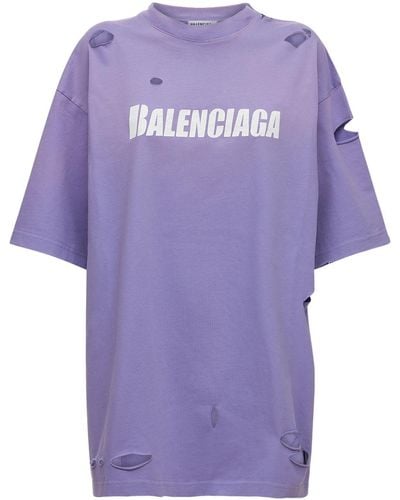 Balenciaga ロゴ ダメージ オーバーサイズ コットンtシャツ - パープル