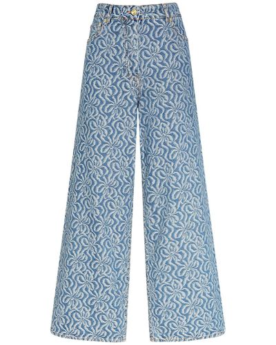 Ganni Pantalon ample en denim de coton jacquard - Bleu