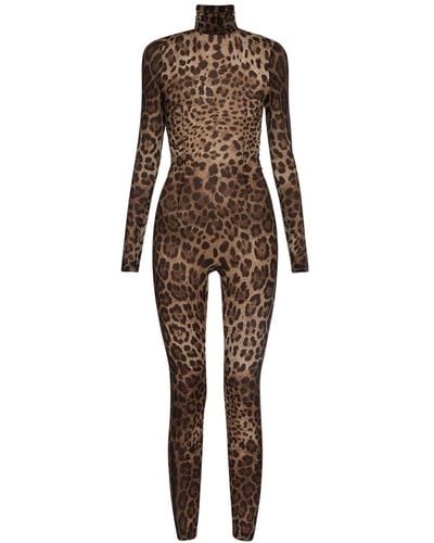 Dolce & Gabbana Jumpsuit Aus Seidenchiffon Mit Leodruck - Braun