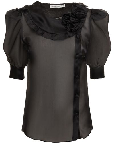 Alessandra Rich Silk Organza Blouse W/ Rose Appliqués - Black