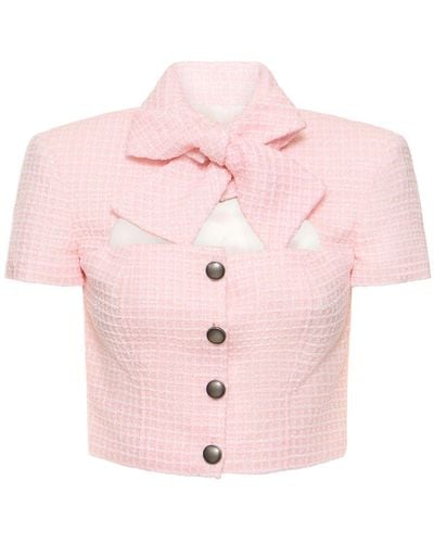 Alessandra Rich Sequined Tweed Crop Top W/Bow - Pink
